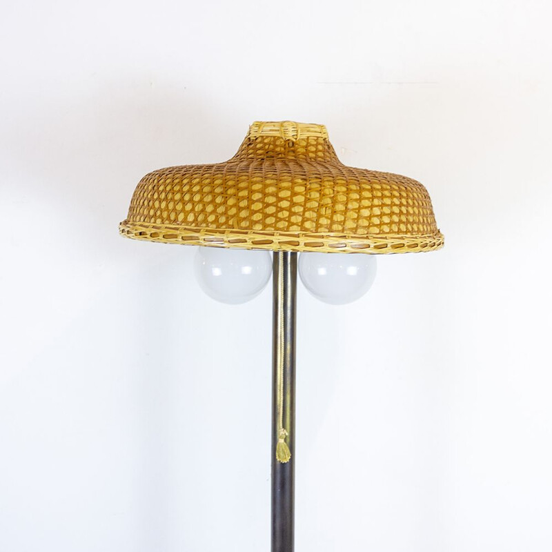 Vintage metal floor lamp with wicker shade, 1960