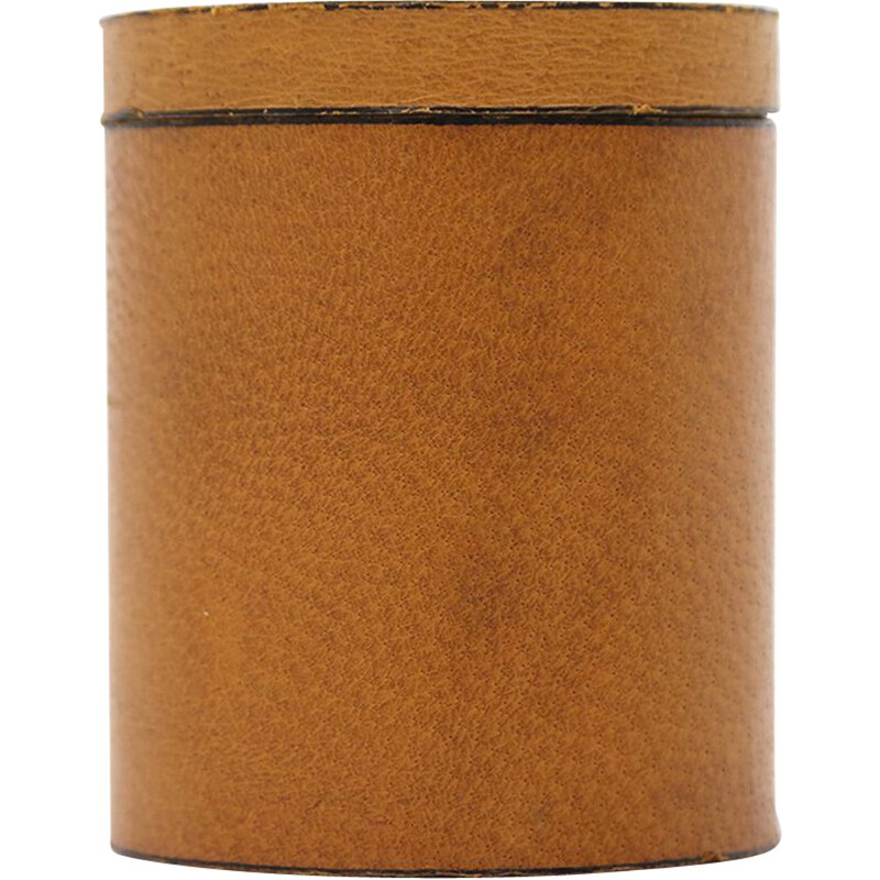 Vintage cylindrical leather box with lid, Italy 1970