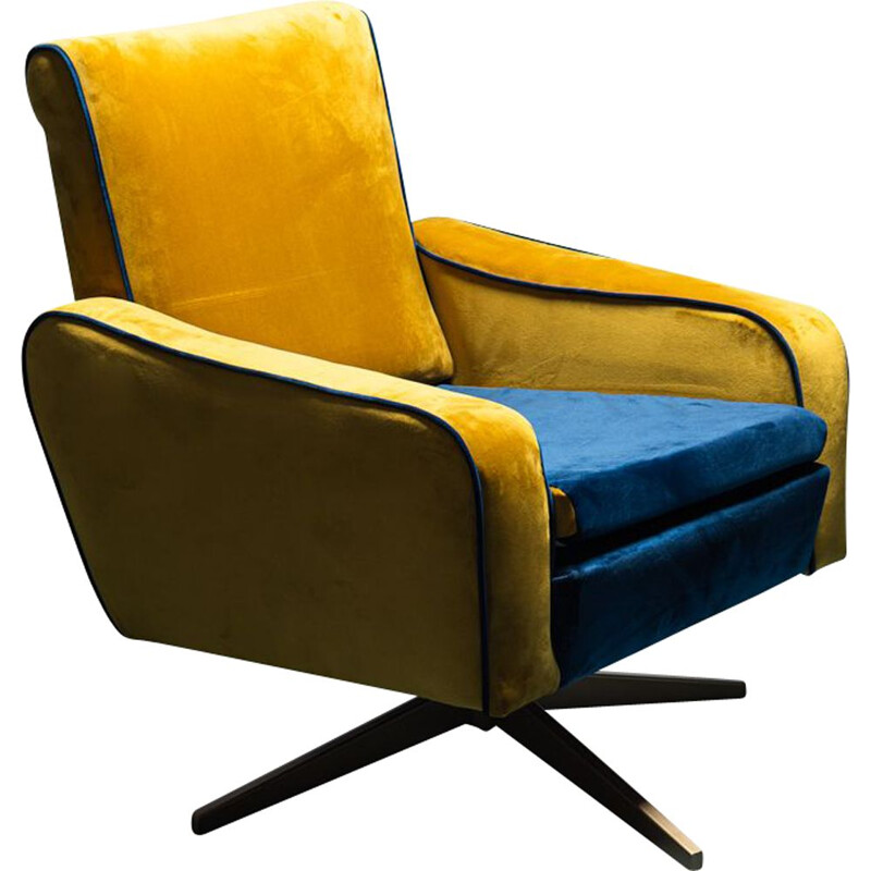 Poltrona girevole Prospect vintage in velluto giallo ocra e blu, 1960