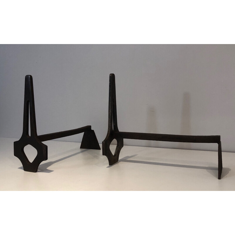 Pair of vintage modernist andirons in steel and wrought iron, France 1970