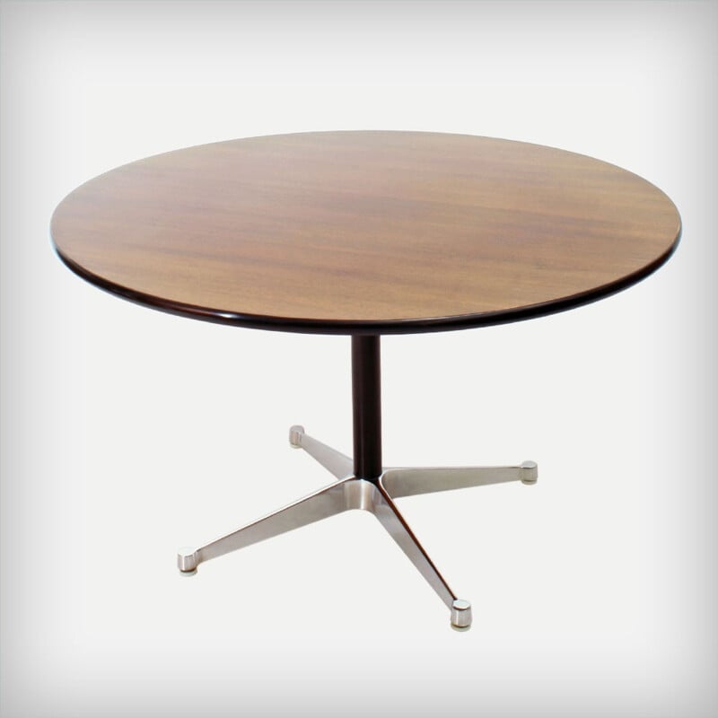 Round Herman Miller dining table in walnut and aluminum, Charles & Ray EAMES - 1960s