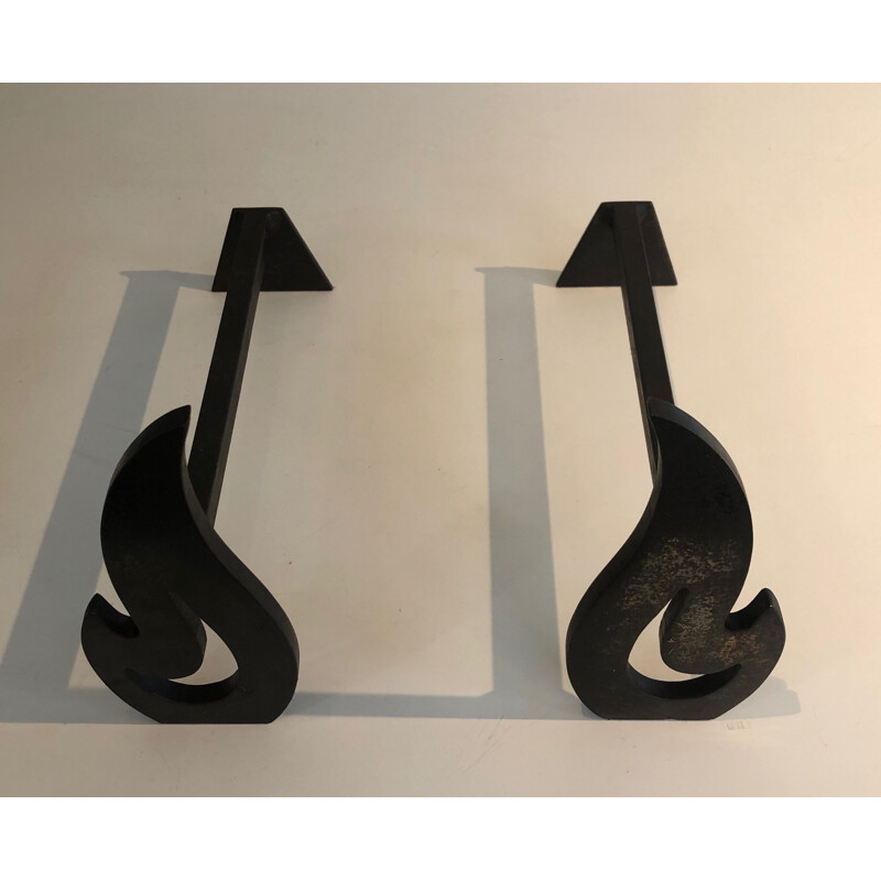 Pair of vintage modernist andirons in steel and wrought iron, France 1970