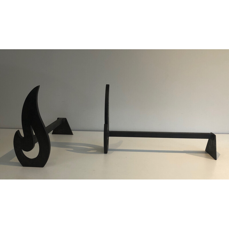 Pair of vintage modernist andirons in steel and wrought iron, France 1970