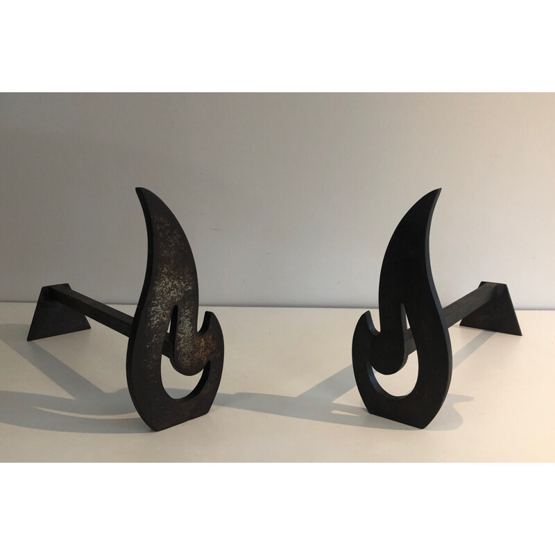 Pair of vintage modernist andirons in steel and wrought iron, France 1970