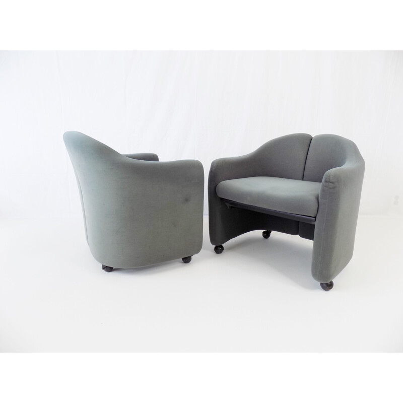 Paar vintage Tecno Ps142 fluwelen fauteuils van Eugenio Gerli