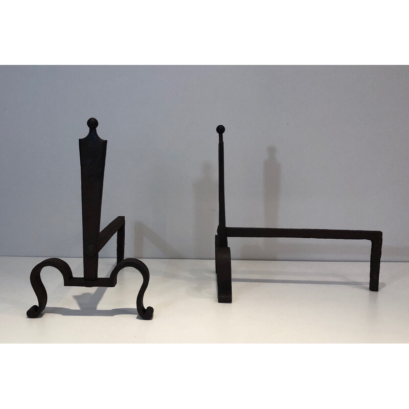 Pair of vintage steel and wrought iron andirons, 1940