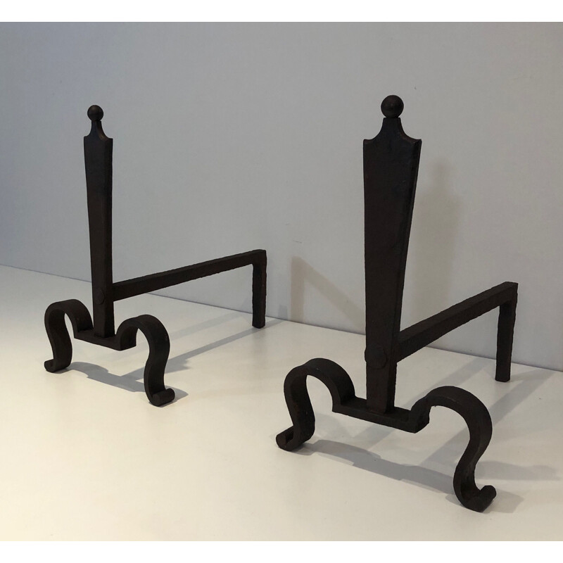 Pair of vintage steel and wrought iron andirons, 1940