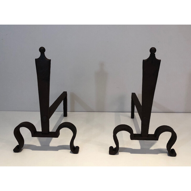 Pair of vintage steel and wrought iron andirons, 1940