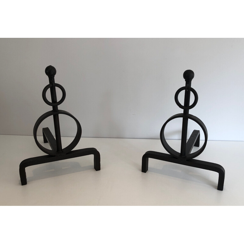 Pair of vintage modernist wrought iron andirons, France 1970