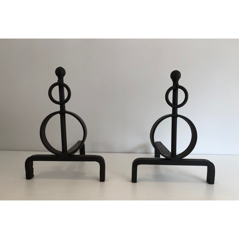 Pair of vintage modernist wrought iron andirons, France 1970