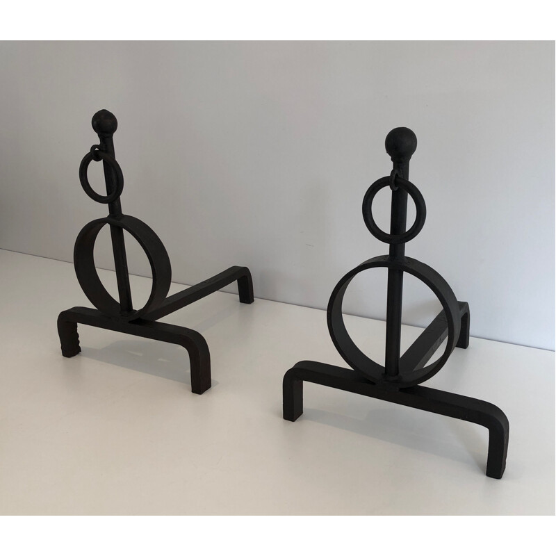 Pair of vintage modernist wrought iron andirons, France 1970