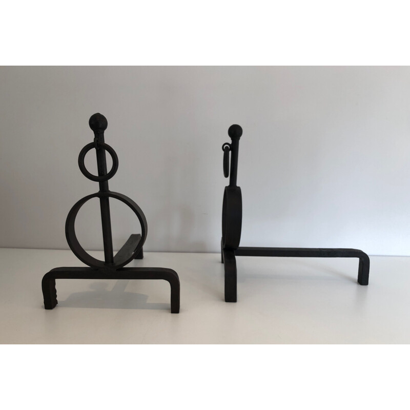 Pair of vintage modernist wrought iron andirons, France 1970