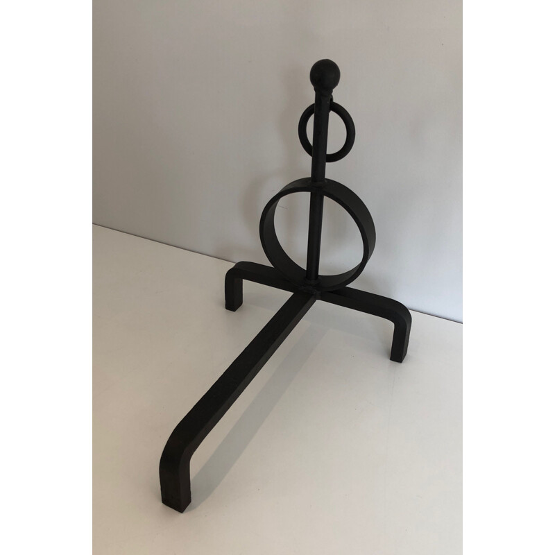 Pair of vintage modernist wrought iron andirons, France 1970