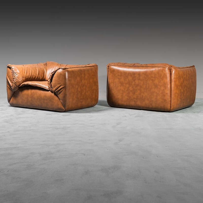 Vintage brown leather living room set, 1970s