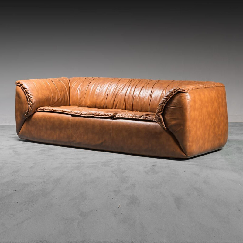 Vintage 3 seater sofa in brown leather and wooden, 1970s