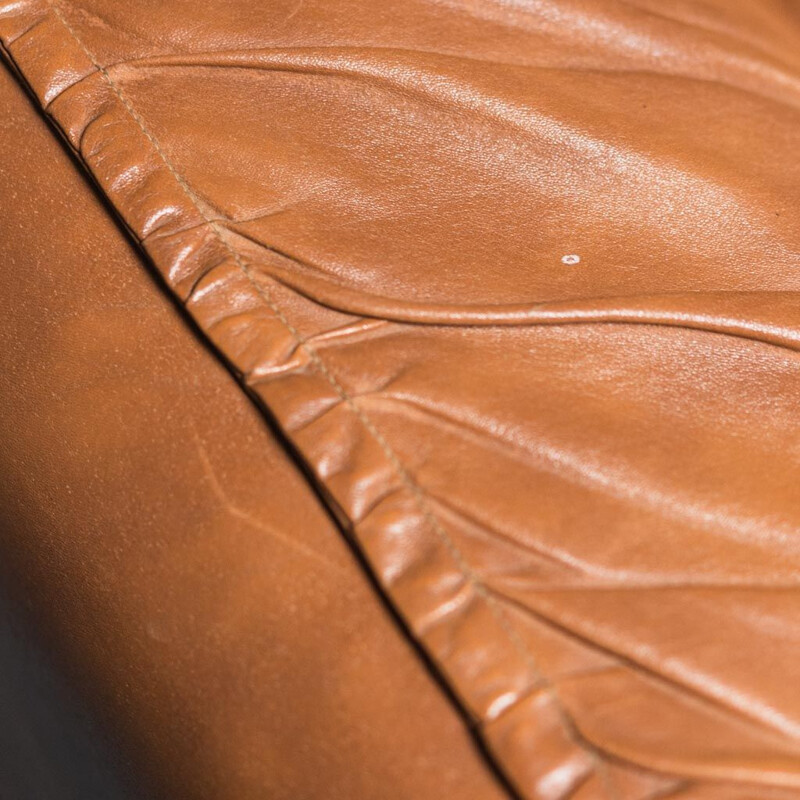 Vintage 3 seater sofa in brown leather and wooden, 1970s