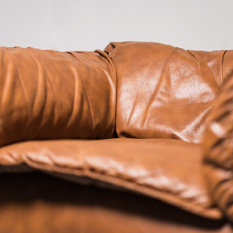 Pair of vintage armchairs in brown leather and wooden, 1970s