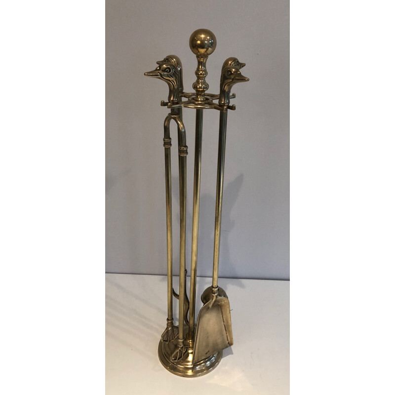 Vintage brass fire set with duck heads decoration, France 1970