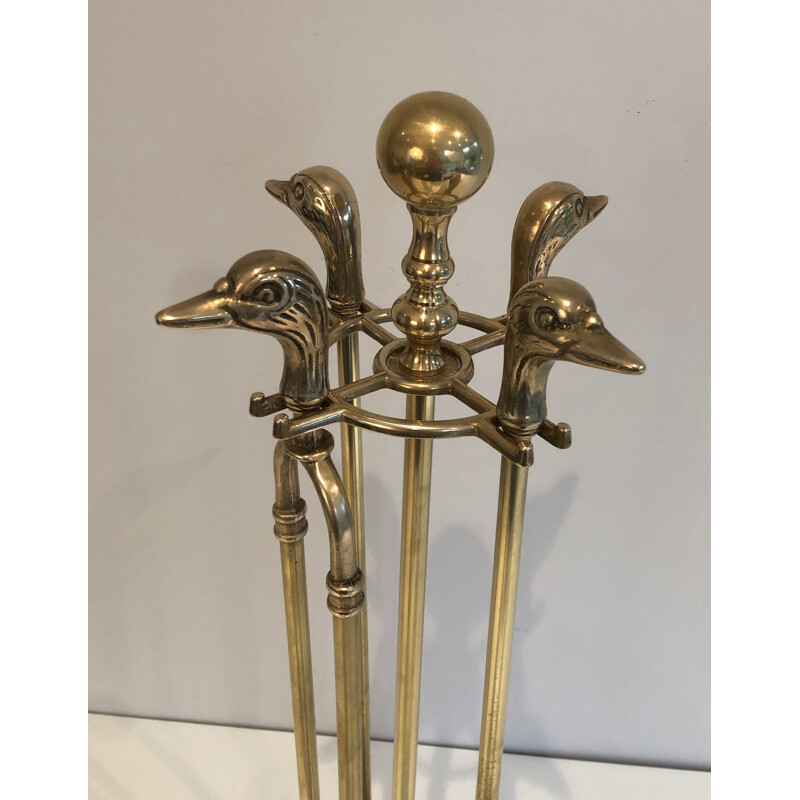 Vintage brass fire set with duck heads decoration, France 1970