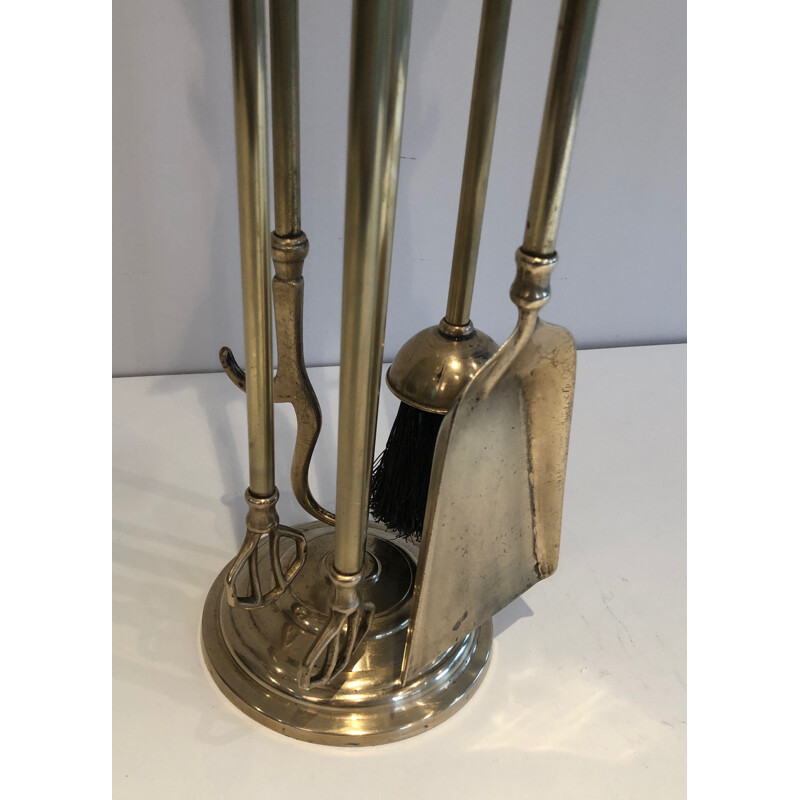 Vintage brass fire set with duck heads decoration, France 1970