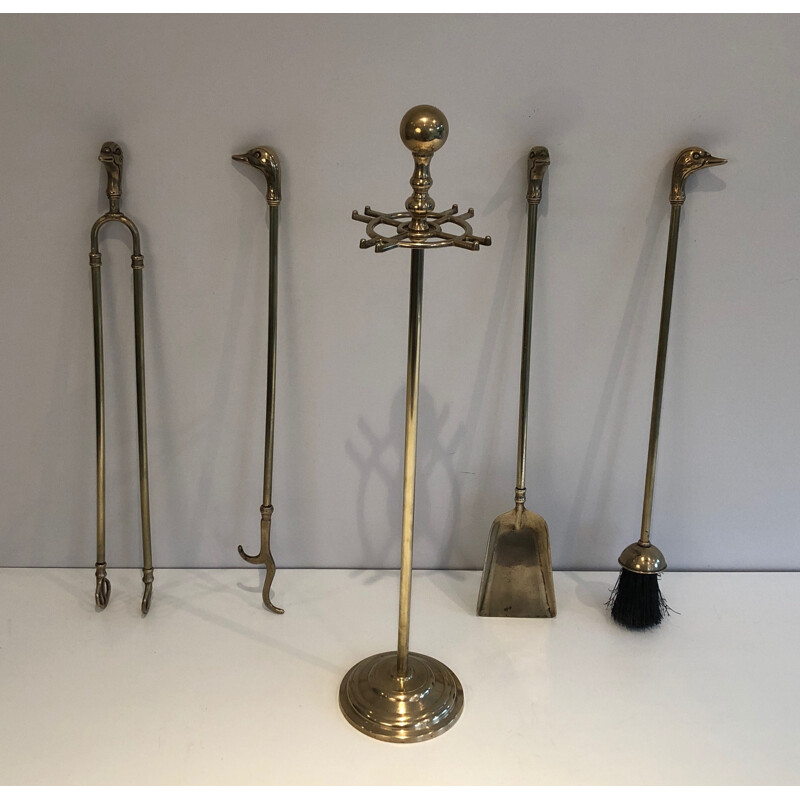 Vintage brass fire set with duck heads decoration, France 1970