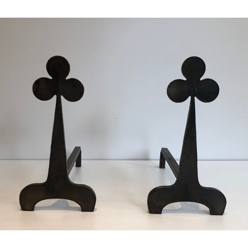 Pair of vintage steel and wrought iron andirons with shamrock decorations, France 1950