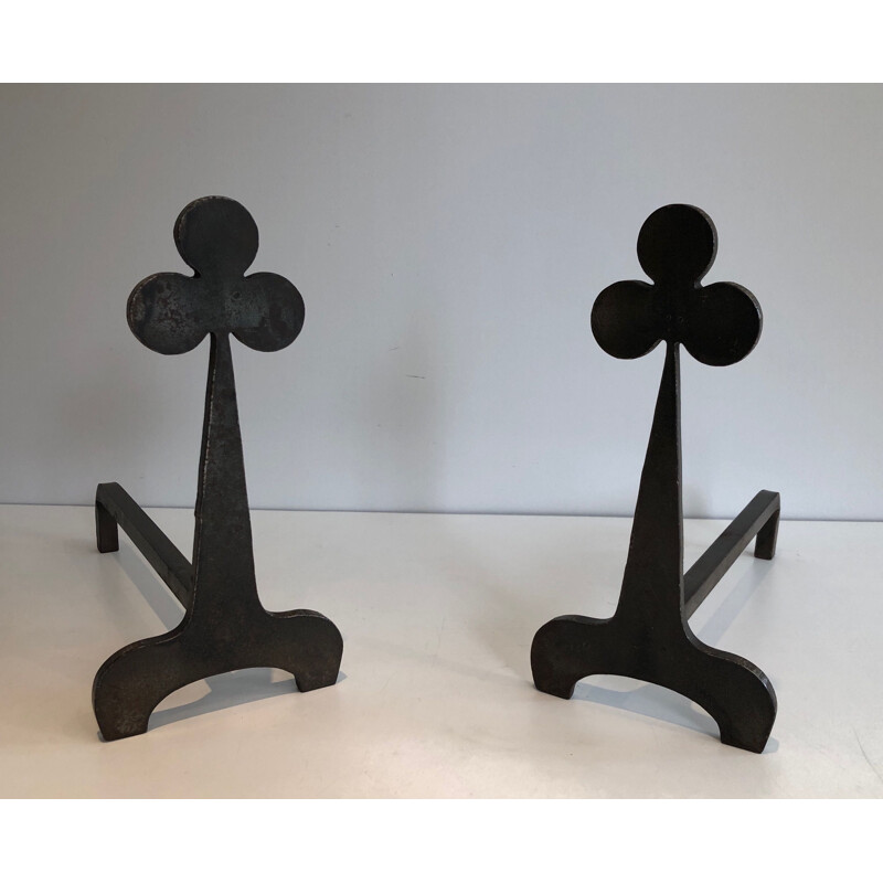 Pair of vintage steel and wrought iron andirons with shamrock decorations, France 1950