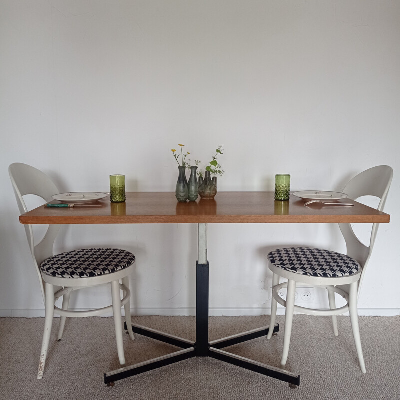 Vintage oakwood veneer and black metal table