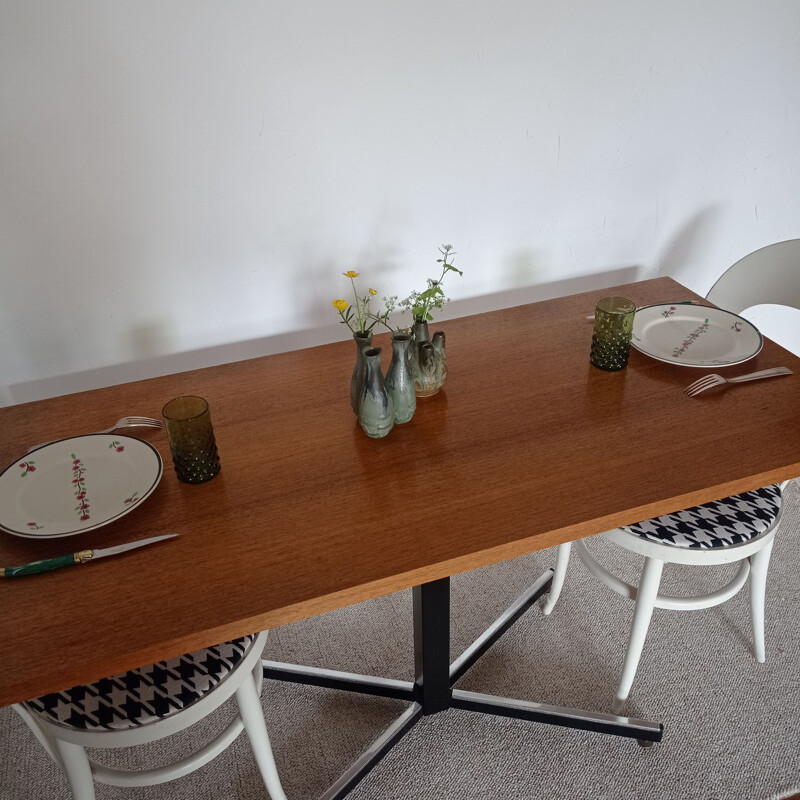 Vintage oakwood veneer and black metal table