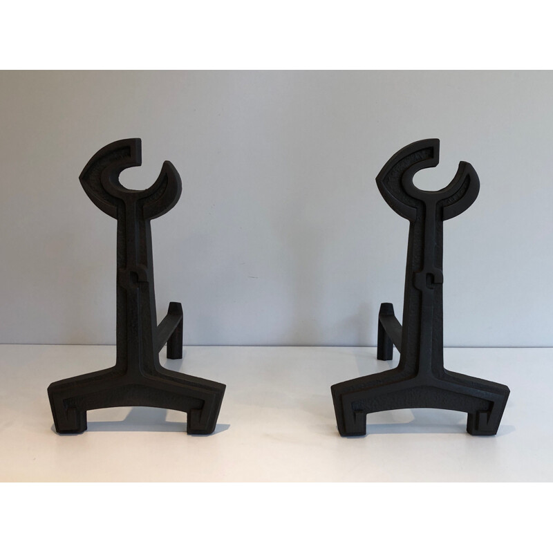 Pair of vintage cast iron and wrought iron andirons, France 1950