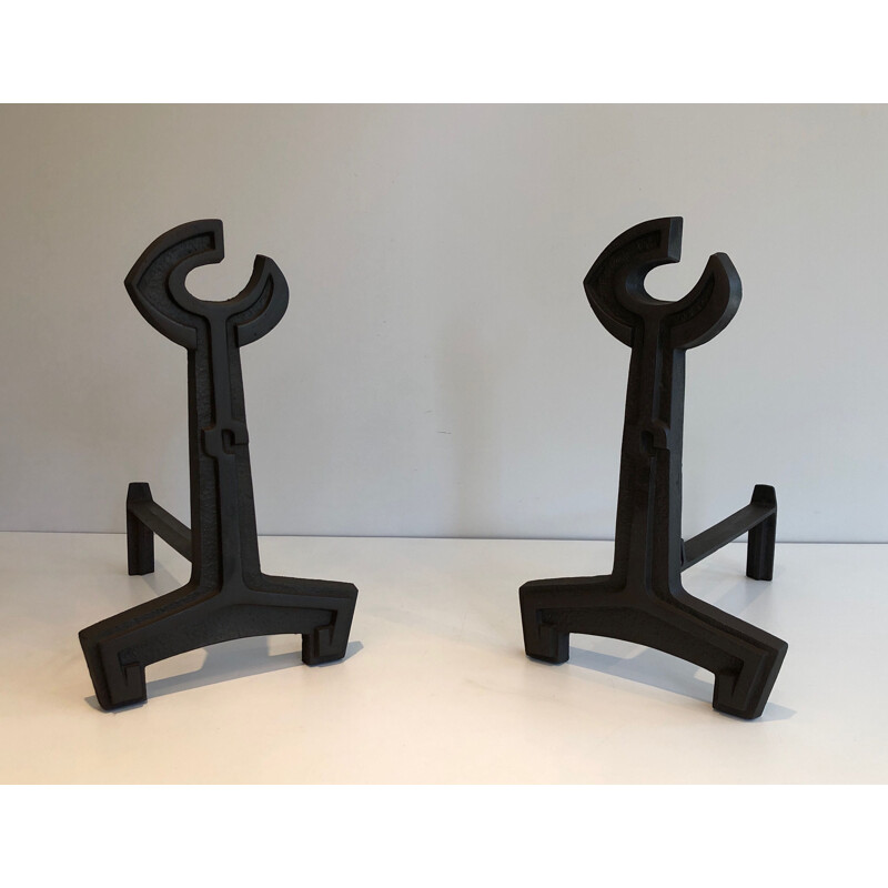 Pair of vintage cast iron and wrought iron andirons, France 1950