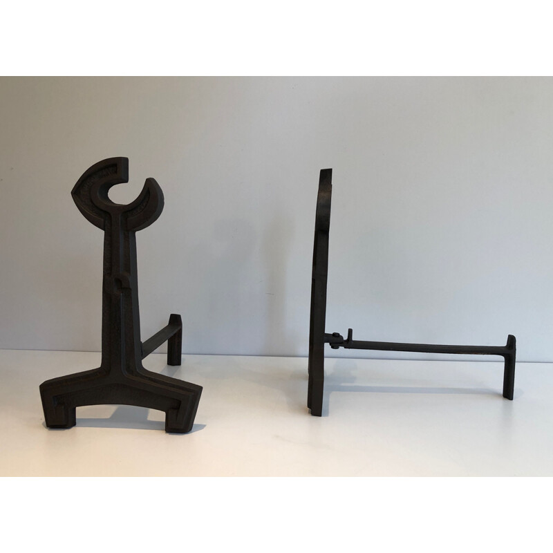 Pair of vintage cast iron and wrought iron andirons, France 1950