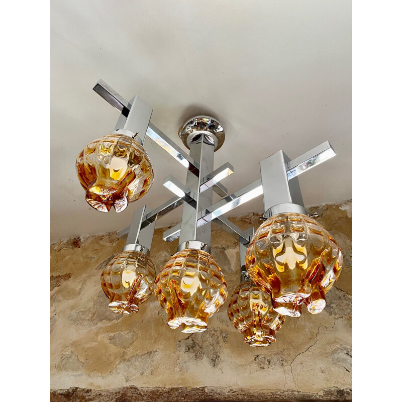 Candelabro Vintage Mazzega com 5 grandes globos de vidro Murano, 1970