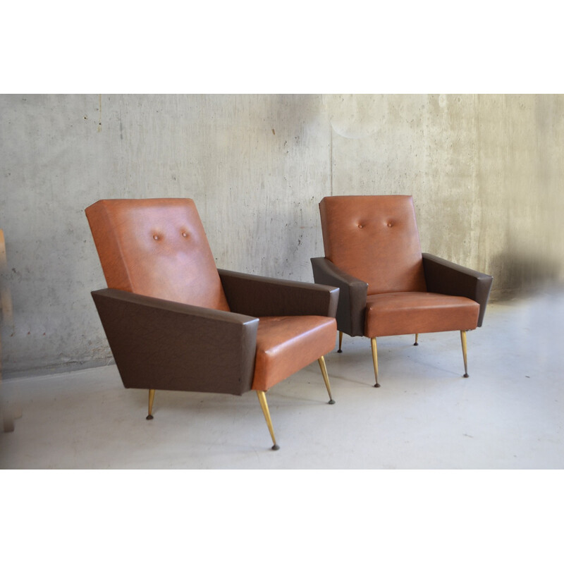 Pair of French bicoloured vinyl armchairs with brass tapered feet - 1960s