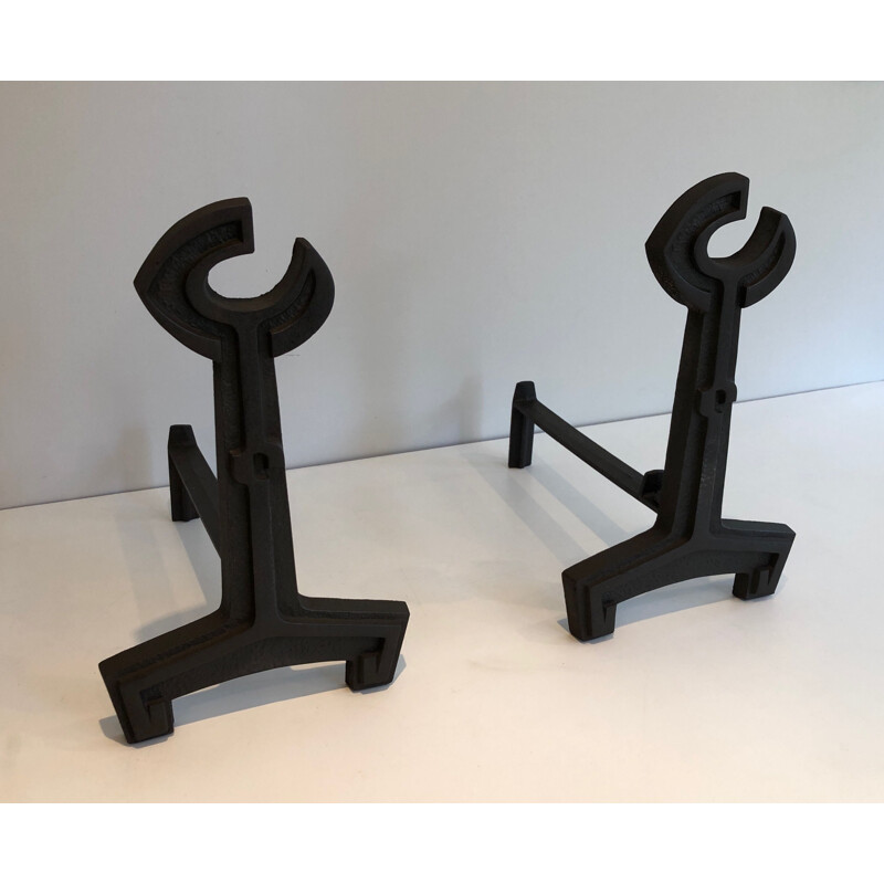 Pair of vintage cast iron and wrought iron andirons, France 1950