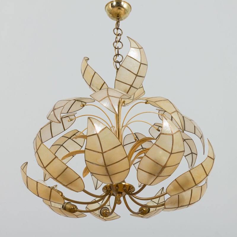 Italian mid century floral chandelier with leaf shaped mother of pearl nacre shades, 1970s