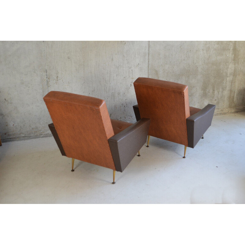 Paire de fauteuils français bicolores en vinyle - 1960