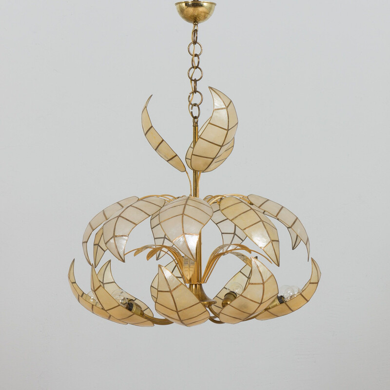 Italian mid century floral chandelier with leaf shaped mother of pearl nacre shades, 1970s