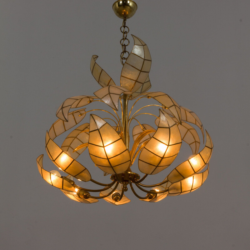 Italian mid century floral chandelier with leaf shaped mother of pearl nacre shades, 1970s