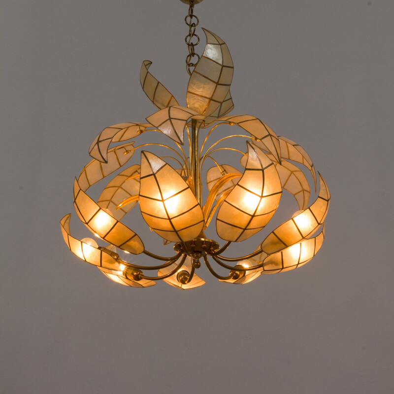 Italian mid century floral chandelier with leaf shaped mother of pearl nacre shades, 1970s