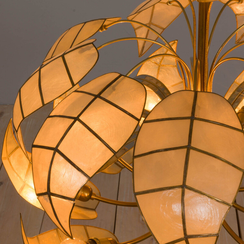 Italian mid century floral chandelier with leaf shaped mother of pearl nacre shades, 1970s