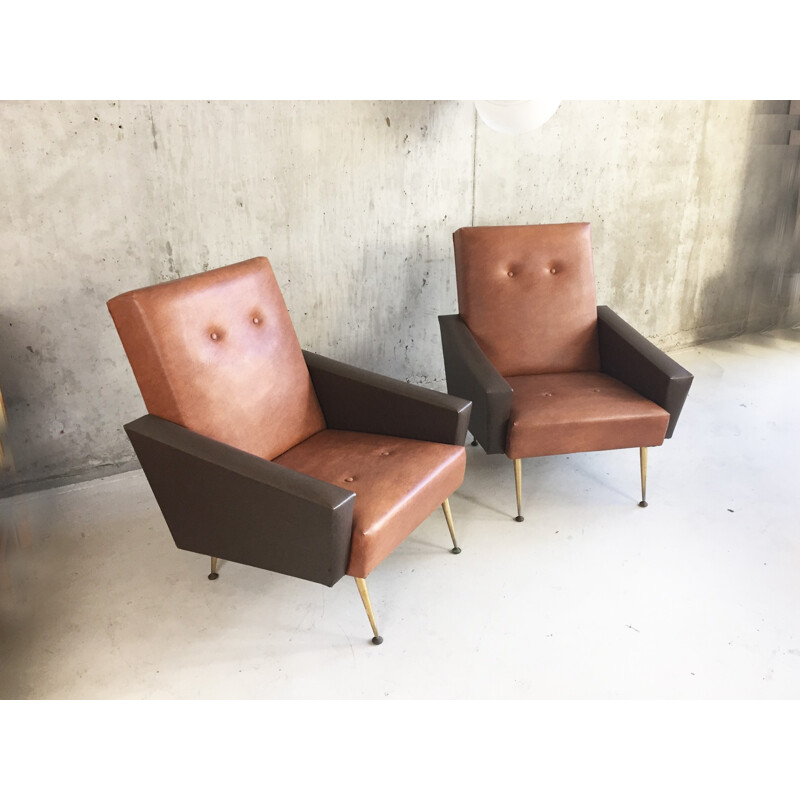 Pair of French bicoloured vinyl armchairs with brass tapered feet - 1960s