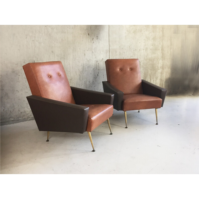 Pair of French bicoloured vinyl armchairs with brass tapered feet - 1960s