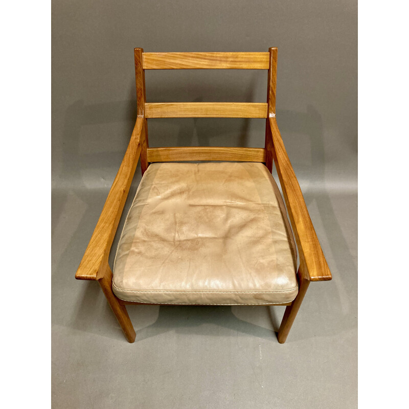 Scandinavische vintage fauteuil in leer en teakhout, 1950