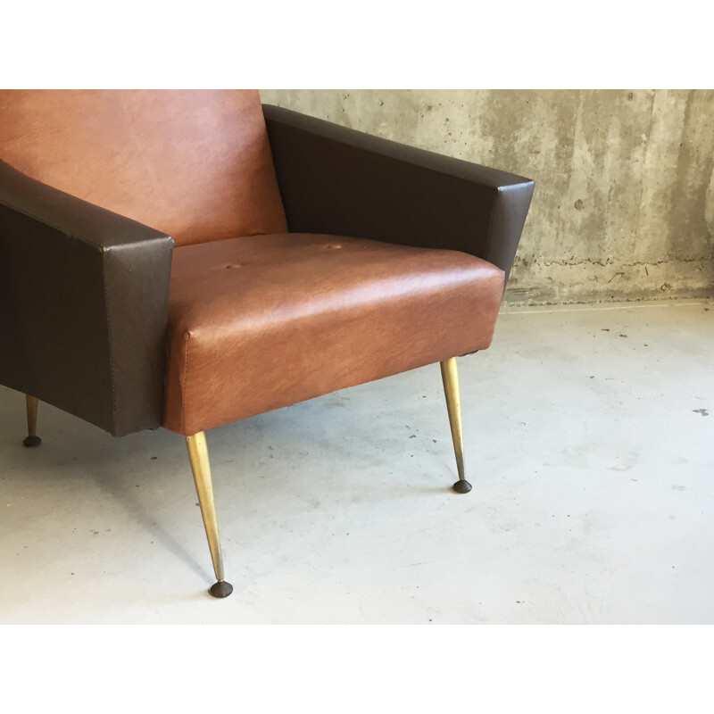 Pair of French bicoloured vinyl armchairs with brass tapered feet - 1960s