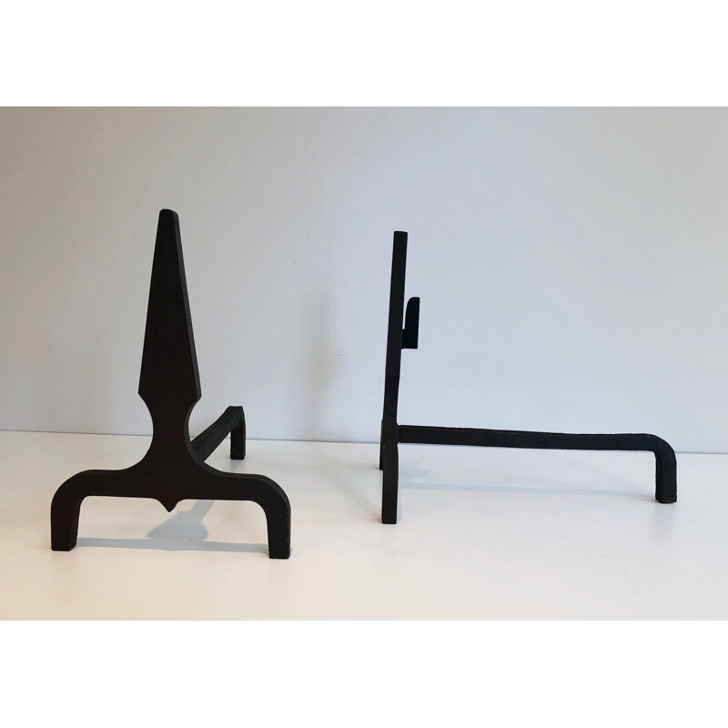 Pair of vintage steel and wrought iron andirons, France 1940