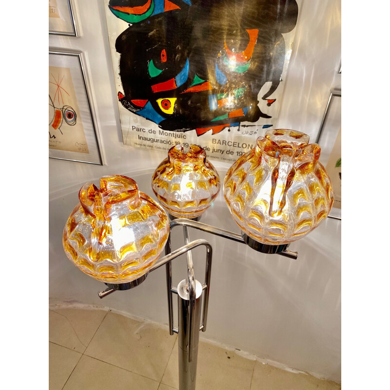 Lámpara de pie Mazzega vintage con 3 grandes globos de cristal de Murano, 1970