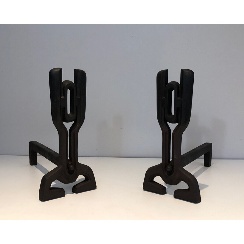 Pair of vintage modernist andirons in cast iron and wrought iron, France 1970