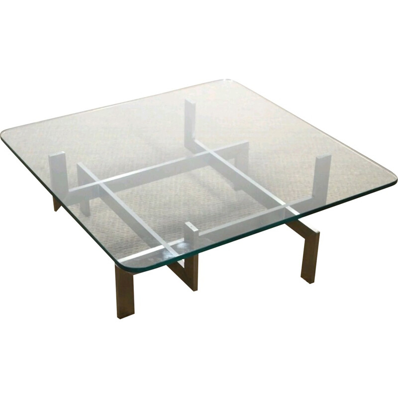 Mid century square coffee table in brushed steel, Paul LEGEARD - 1970s