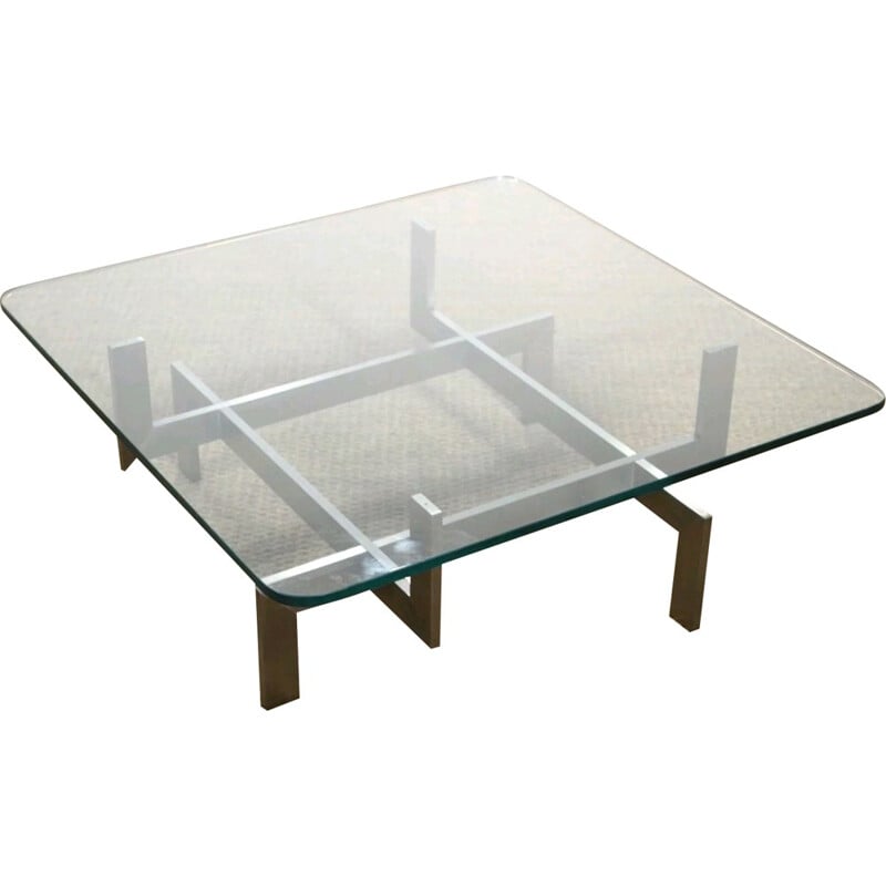 Table basse carrée en acier brossé, Paul LEGEARD - 1970